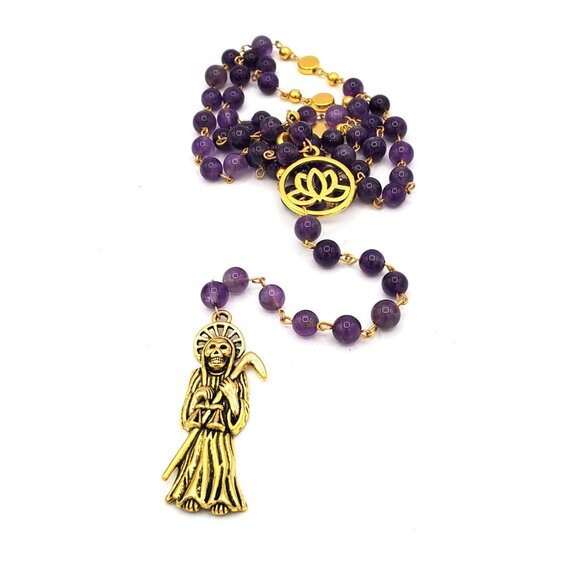 Handmade Amethyst Santa Muerte Rosary - Holy Death Amulet - Natural Stone Beads - Picture 10 of 10